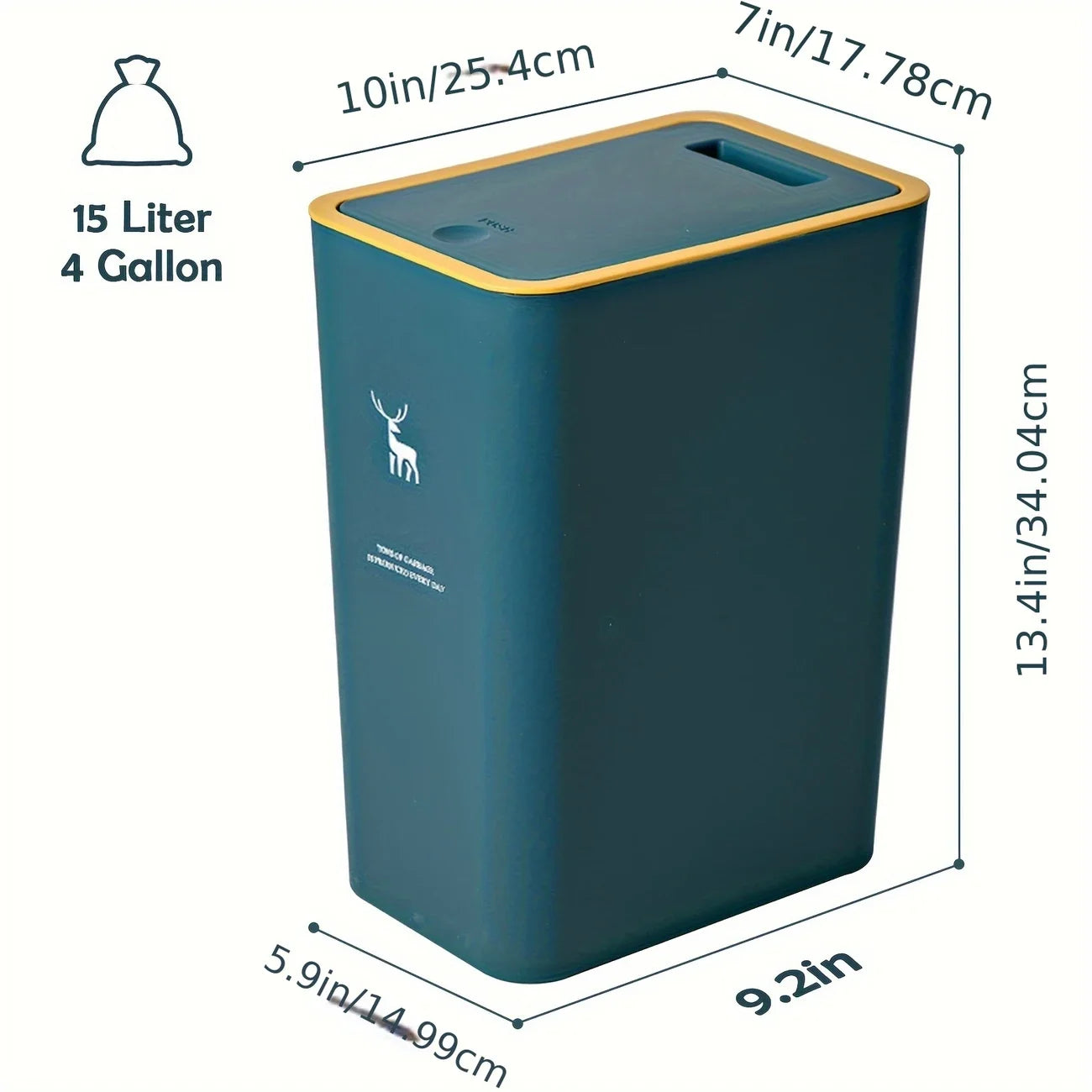 Cubo de basura para baño, cubo de basura de 15L con tapa superior de prensa para cocina, dormitorio, sala de estar, papelera de plástico con tapa emergente, 1 ud.