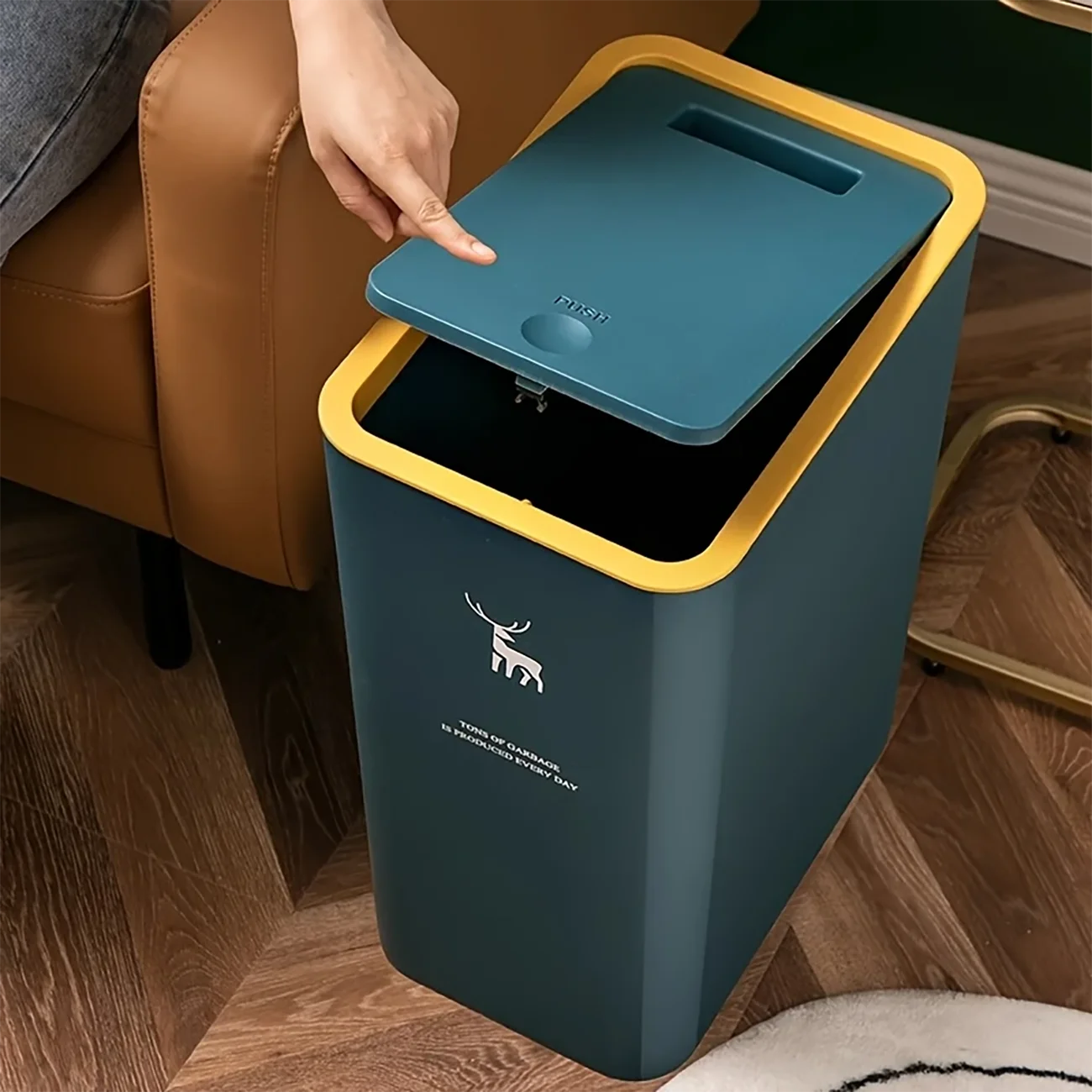 Cubo de basura para baño, cubo de basura de 15L con tapa superior de prensa para cocina, dormitorio, sala de estar, papelera de plástico con tapa emergente, 1 ud.