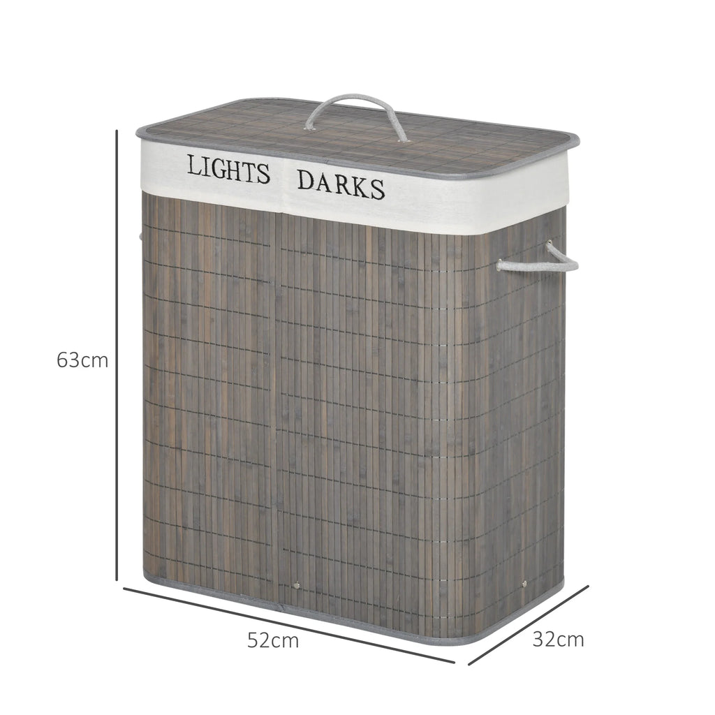 HOMCOM Cesto para Ropa Sucia de Bambú 100L con Tapa 2 Compartimentos 52x32x63 cm