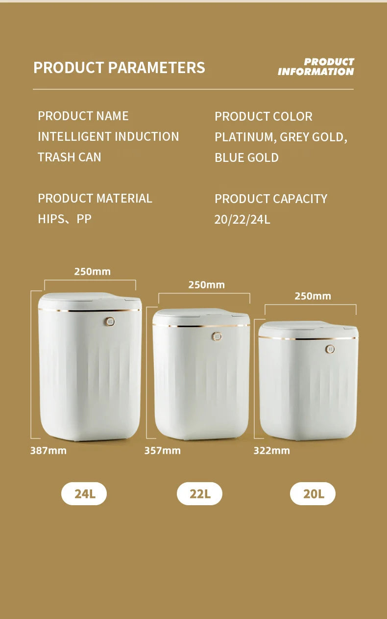 Cubo de basura inteligente para baño de 24/20L, cubo de basura con Sensor automático, cubo de basura de inducción de gran capacidad para cocina y baño