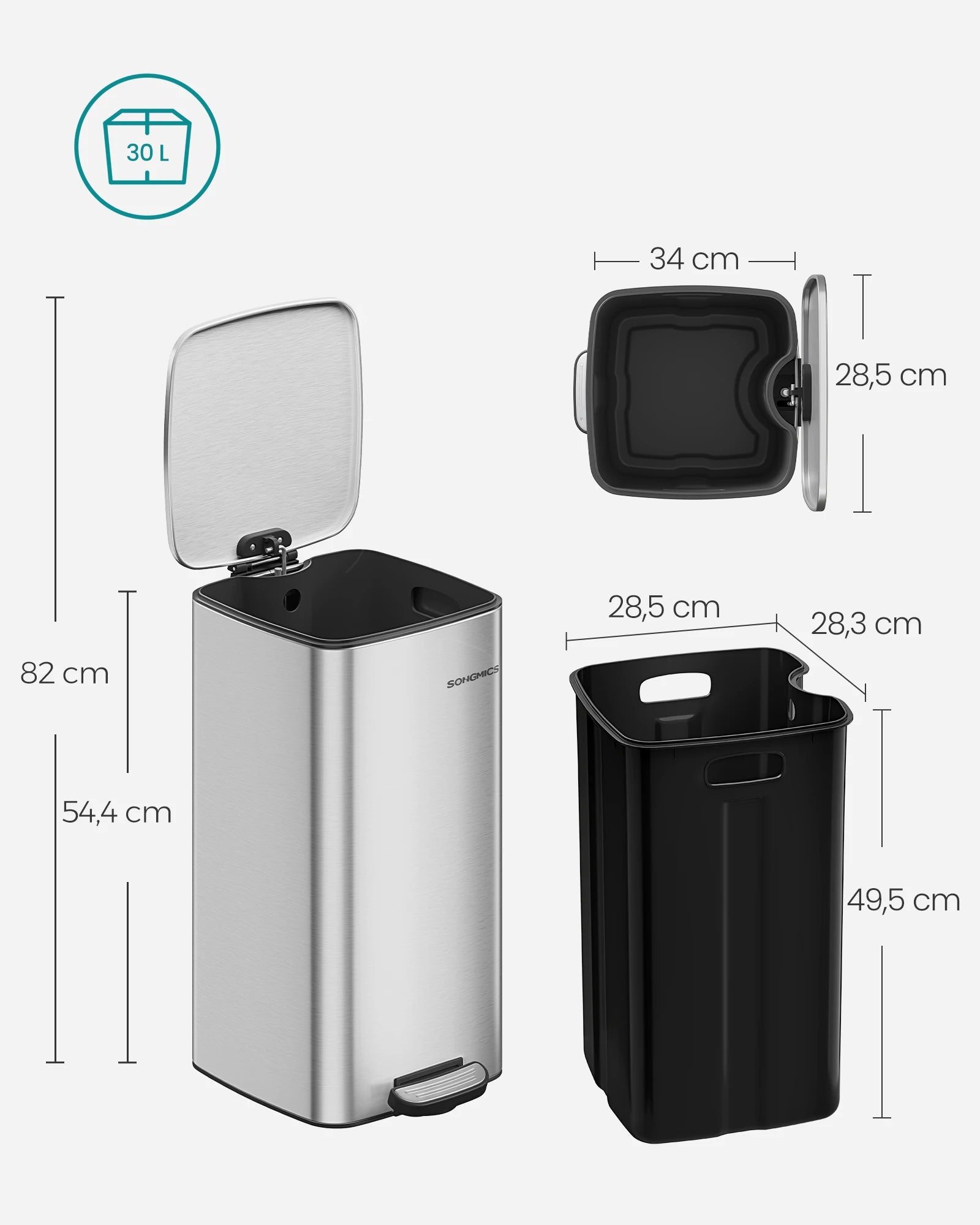 SONGMICS-papelera de cocina de 8 galones con Pedal de acero, cubo interior, cierre suave y se mantiene abierto, color plateado metálico, 30 L，Beige Arena/Negro Tinta