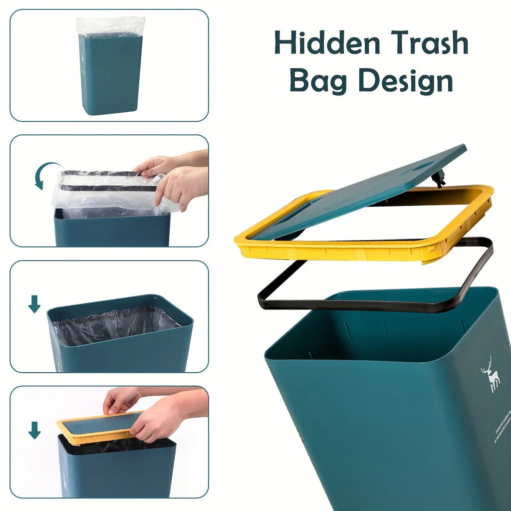 Cubo de basura para baño, cubo de basura de 15L con tapa superior de prensa para cocina, dormitorio, sala de estar, papelera de plástico con tapa emergente, 1 ud.