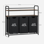 Hzuaneri Cesto para la colada 3 compartimentos, 3 x 46 L, Colector de ropa con 2 estantes, Clasificador de ropa, Bolsa para la colada extensible