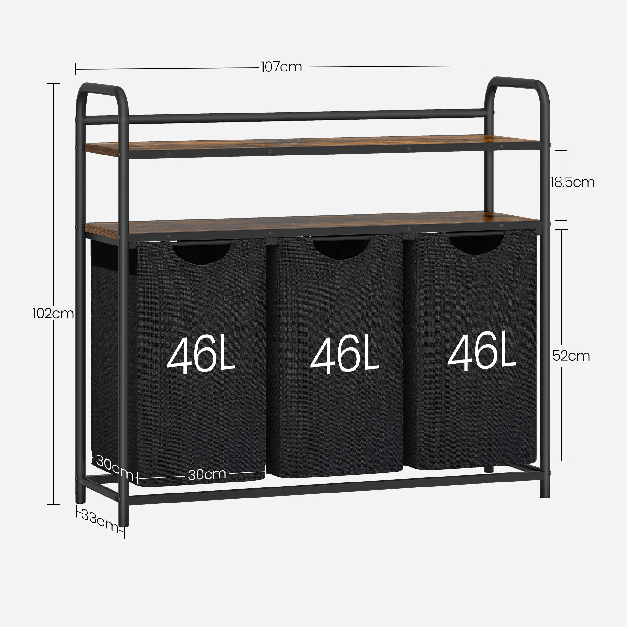 Hzuaneri Cesto para la colada 3 compartimentos, 3 x 46 L, Colector de ropa con 2 estantes, Clasificador de ropa, Bolsa para la colada extensible