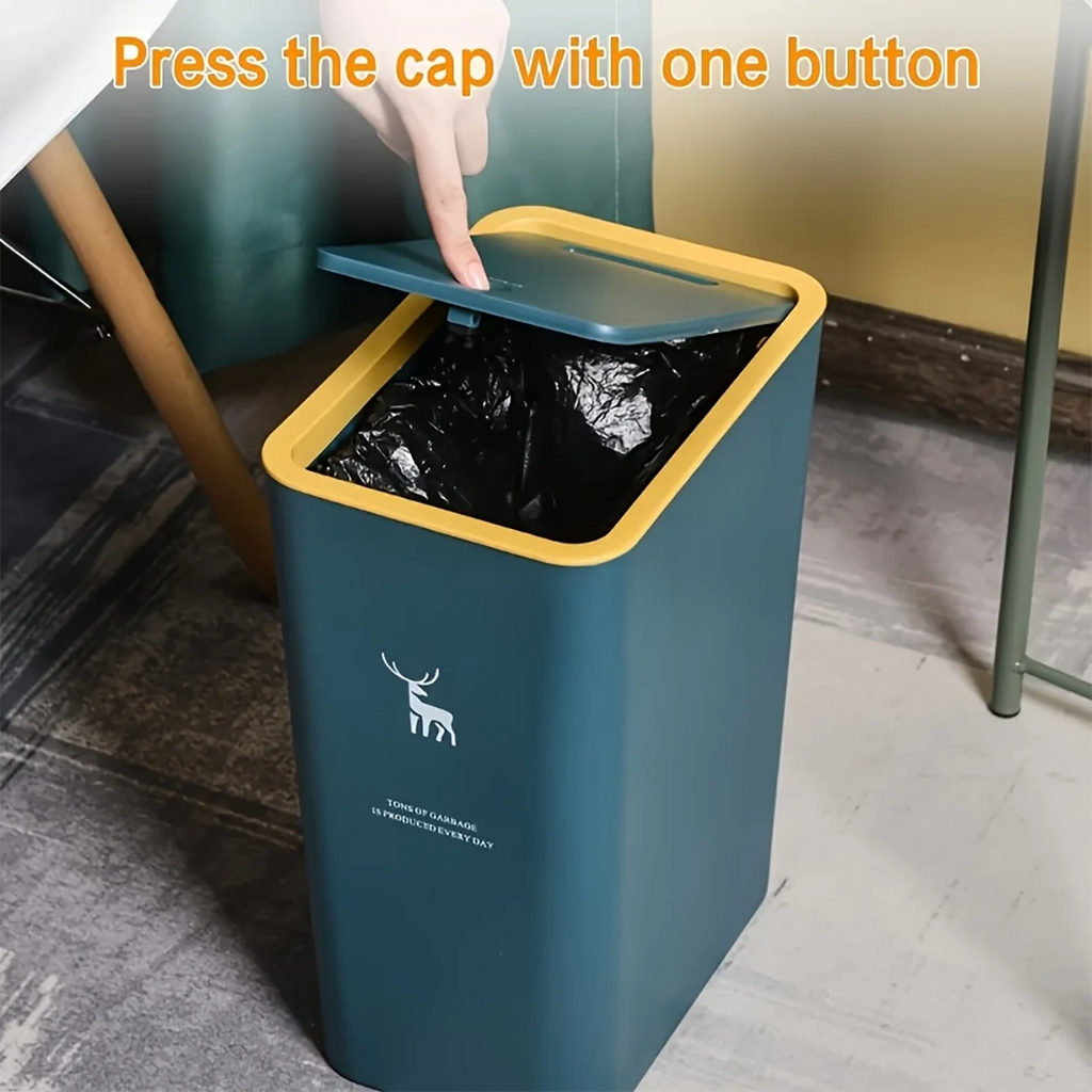 Cubo de basura para baño, cubo de basura de 15L con tapa superior de prensa para cocina, dormitorio, sala de estar, papelera de plástico con tapa emergente, 1 ud.