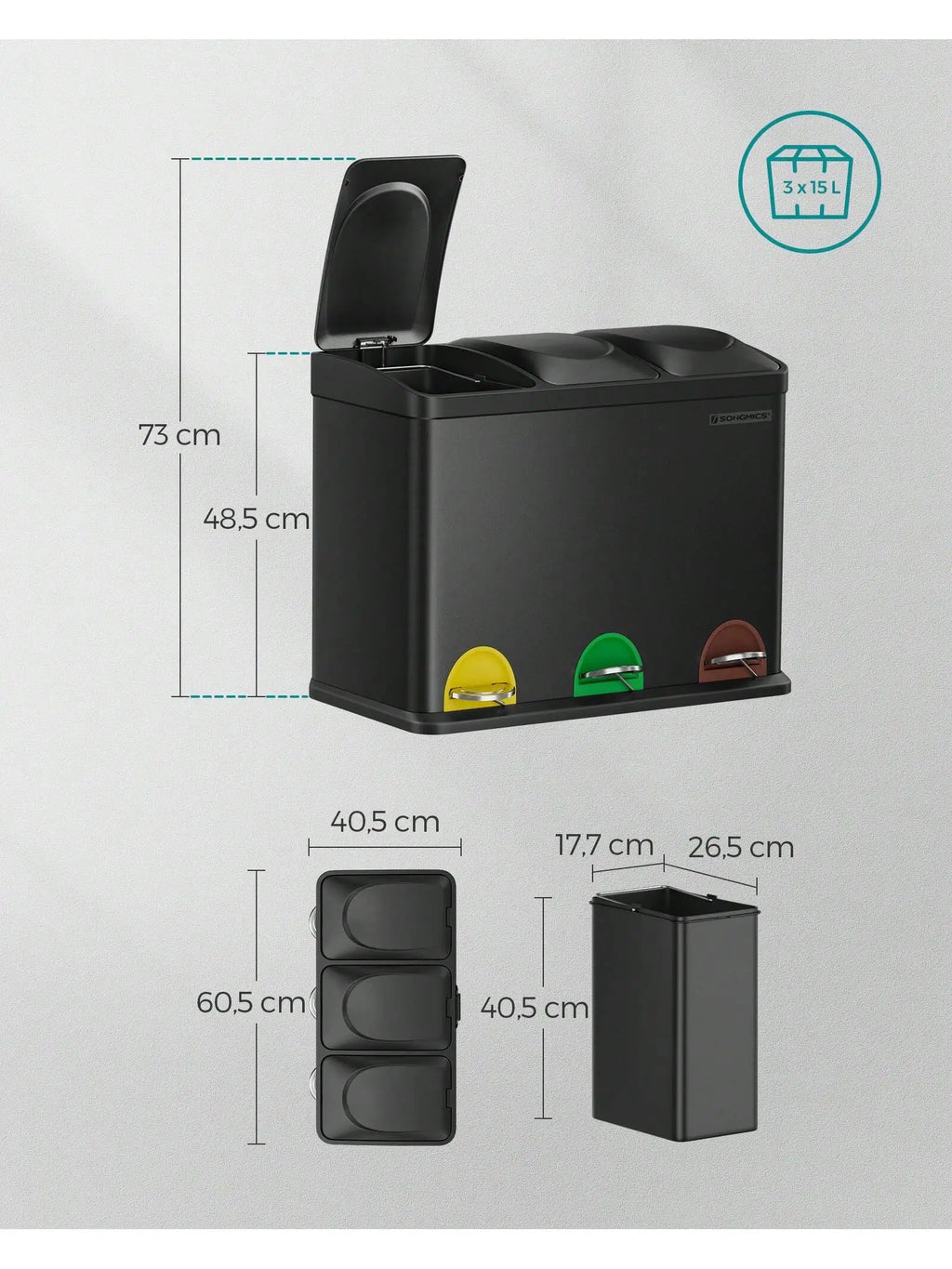 SONGMICS Cubo Triple para Cocina, Cubo Basura de Reciclaje, Pedal, Cubo de Basura de Metal 45 L, Sistema de Separación de Residuos Cubo para Cocina, 3 x 15 L, con Tapa, Acero, Plata/Blanco/Negro/Gris Verdoso