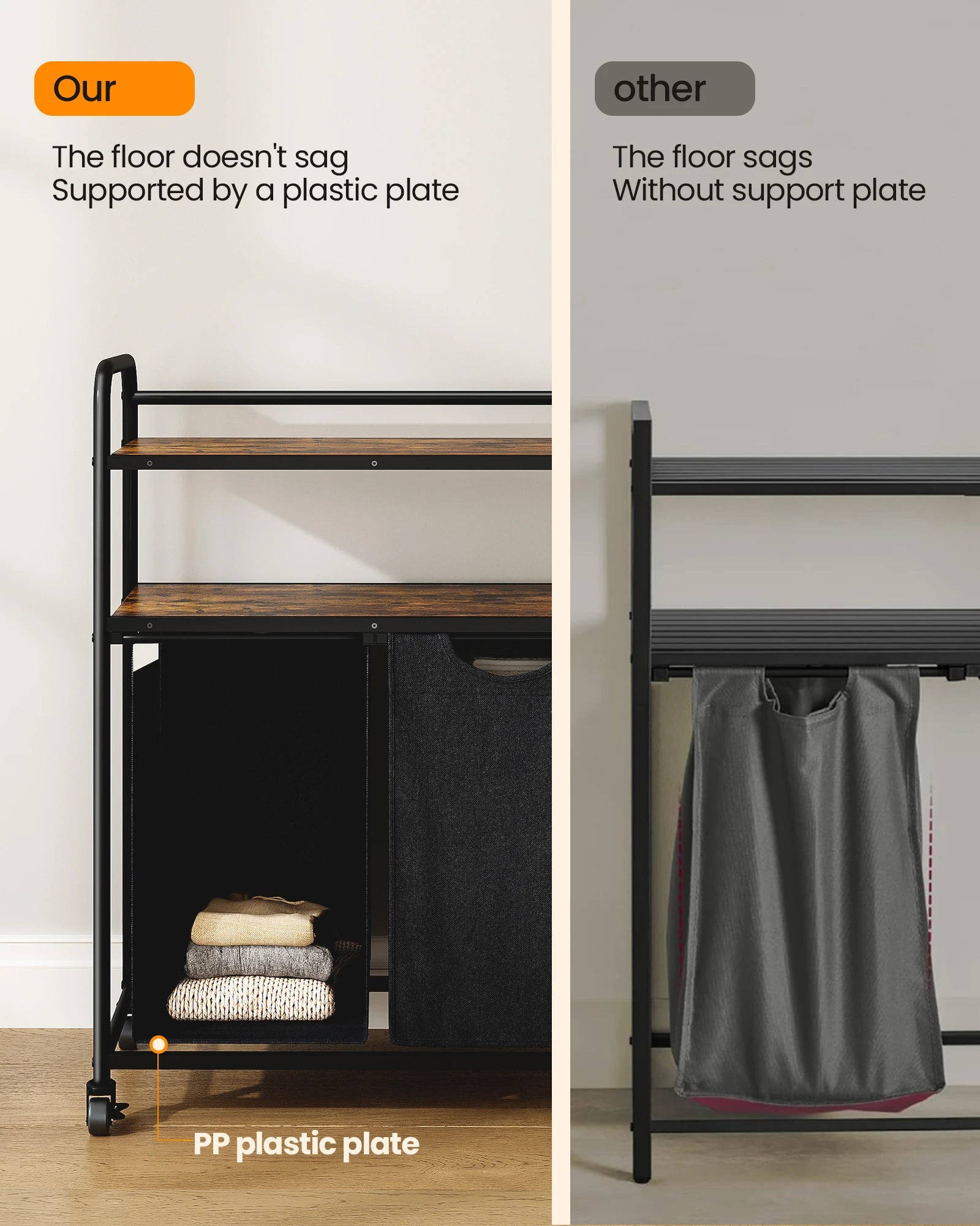 Hzuaneri Cesto para la colada 3 compartimentos, 3 x 46 L, Colector de ropa con 2 estantes, Clasificador de ropa, Bolsa para la colada extensible