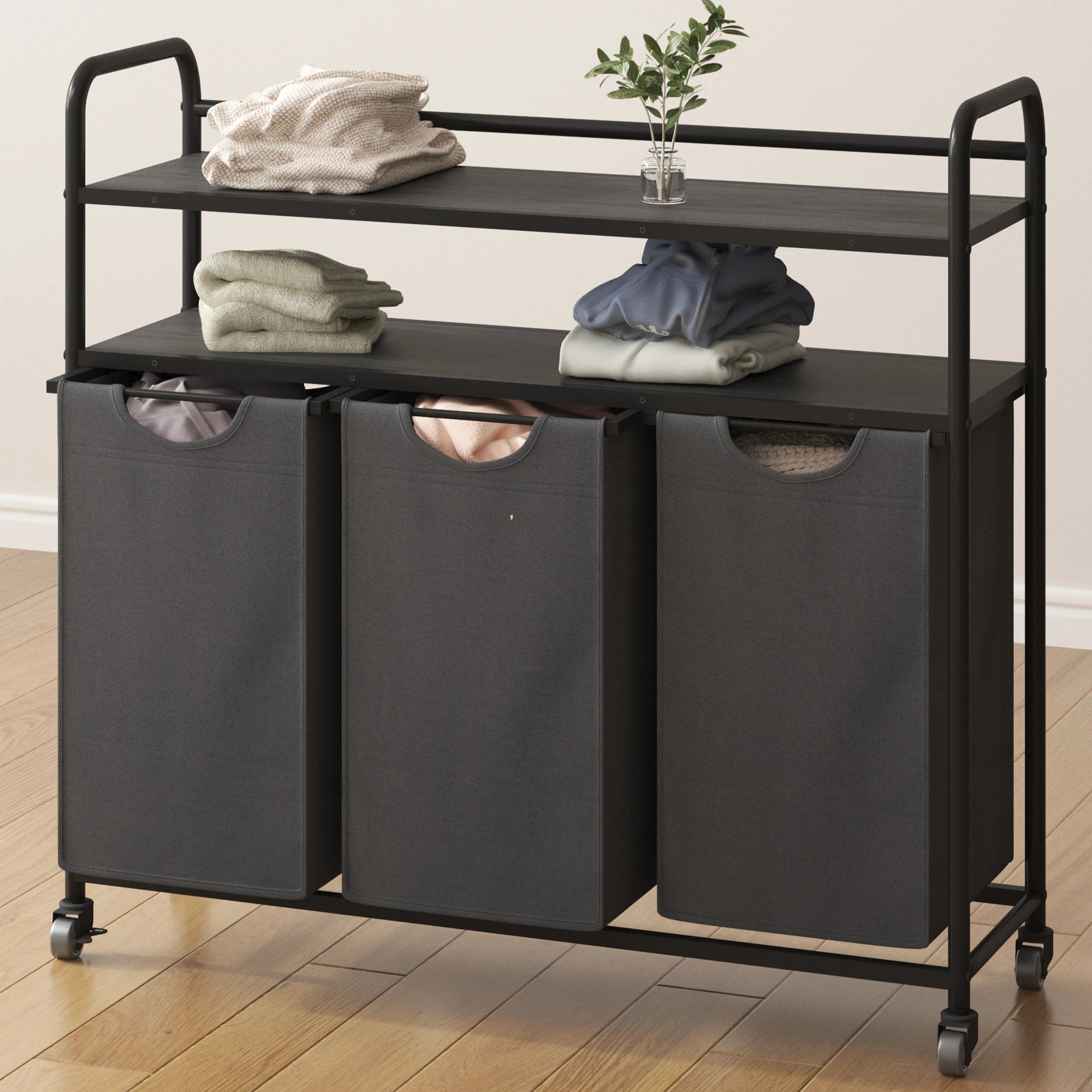 Hzuaneri Cesto para la colada 3 compartimentos, 3 x 46 L, Colector de ropa con 2 estantes, Clasificador de ropa, Bolsa para la colada extensible