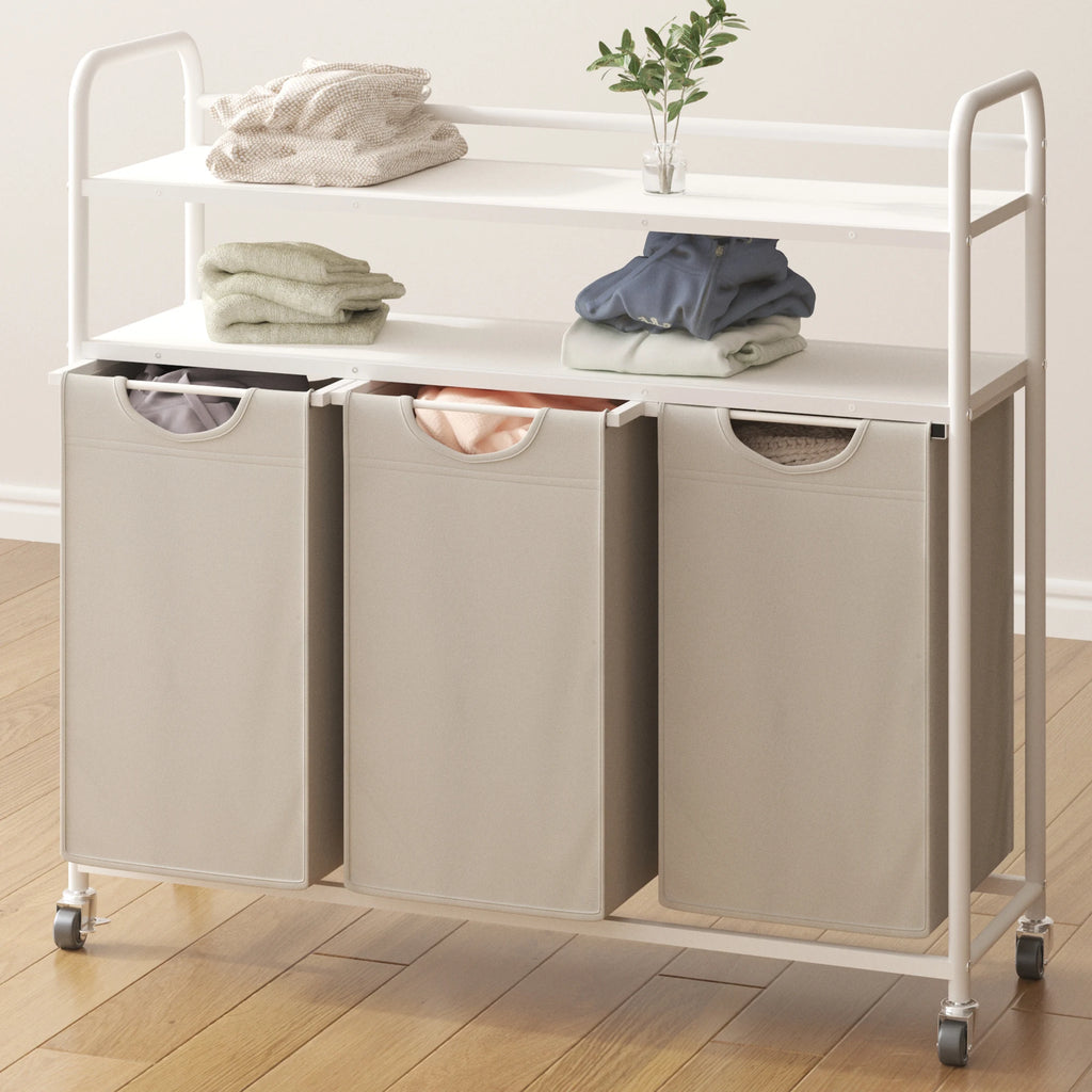Hzuaneri Cesto para la colada 3 compartimentos, 3 x 46 L, Colector de ropa con 2 estantes, Clasificador de ropa, Bolsa para la colada extensible